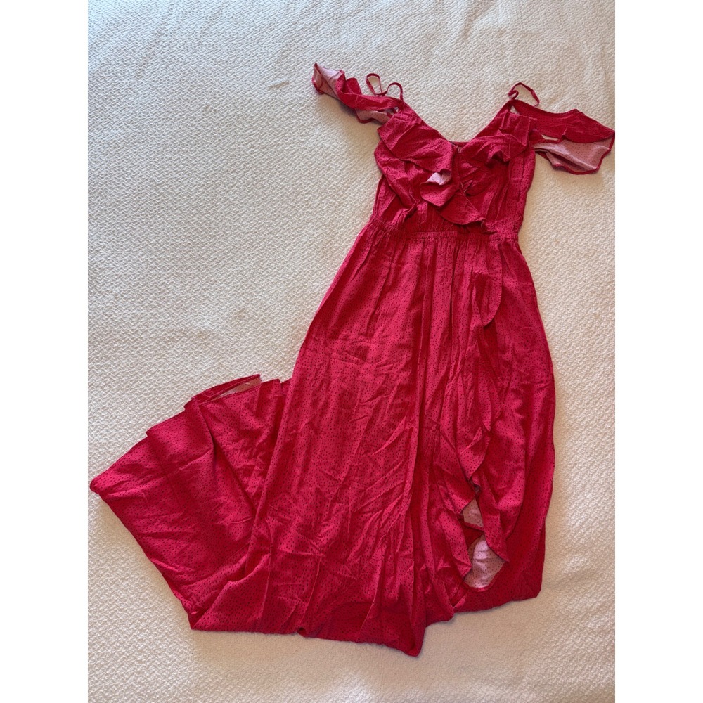 Express Red Polka Dot Ruffle Cold Shoulder Maxi Dress XS